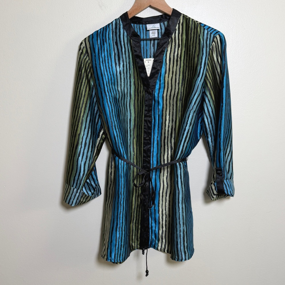Jaclyn Smith Womens Tunic Large Blue Striped Satin V-Neck Tie Waist 90s Chic